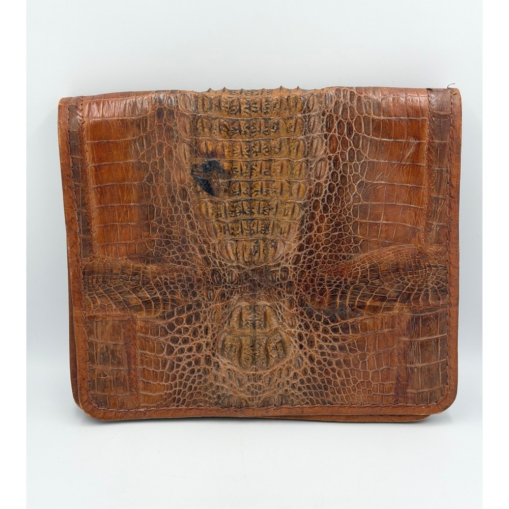 Vintage Reptile Embossed Leather Clutch Brown Portfolio Zip Bag Hornback Style